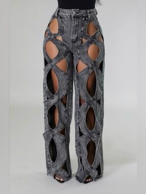 Gray Denim Cutout High-Waist Jeans Festival Coastal Cowgirl